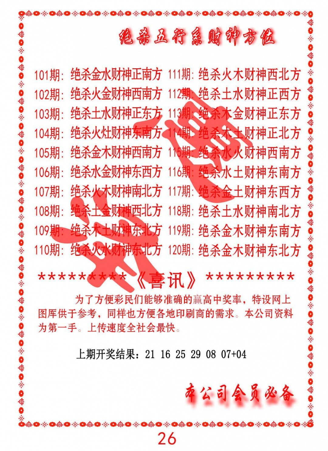澳彩图库 2026 绝杀五行及财神方位